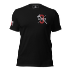 Black 3 Truck T-shirt front displaying red and white chest graphics with firefighter emblem and text details