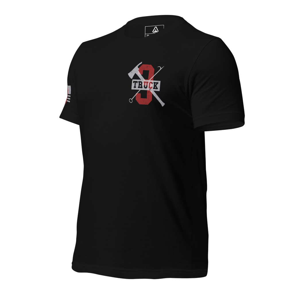 Black T-shirt angled right showing layered front emblem, text, and graphic design elements