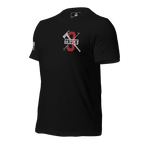 Black T-shirt angled right showing layered front emblem, text, and graphic design elements