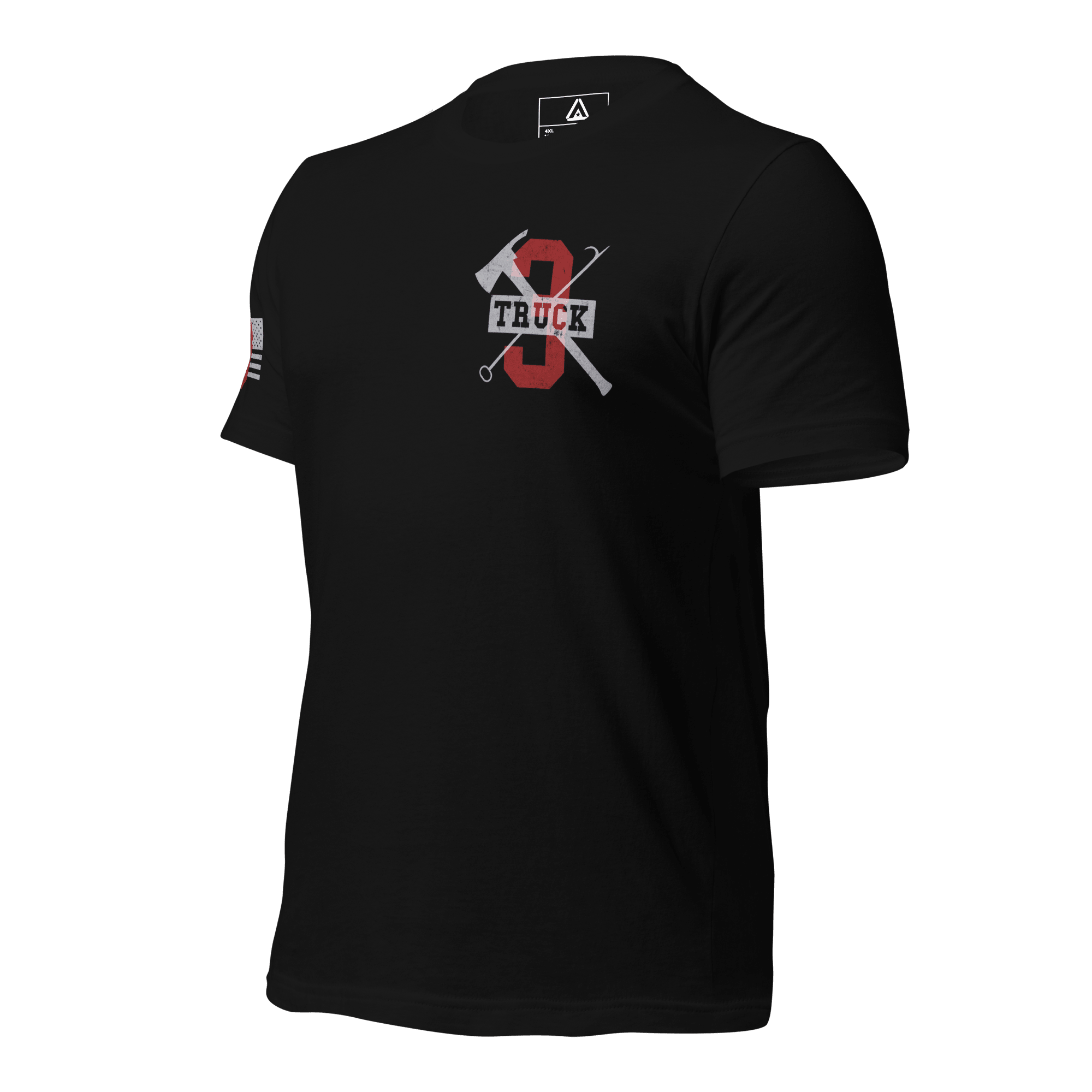 Black T-shirt angled right showing layered front emblem, text, and graphic design elements