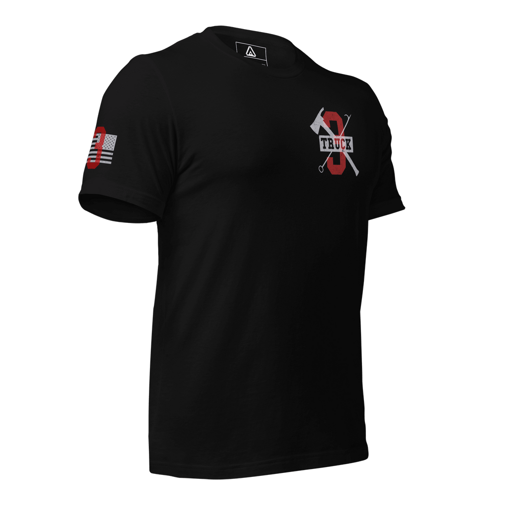 Black T-shirt angled left emphasizing detailed front chest graphics and fitted sleeve folds