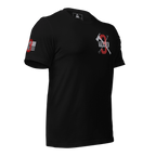 Black T-shirt angled left emphasizing detailed front chest graphics and fitted sleeve folds