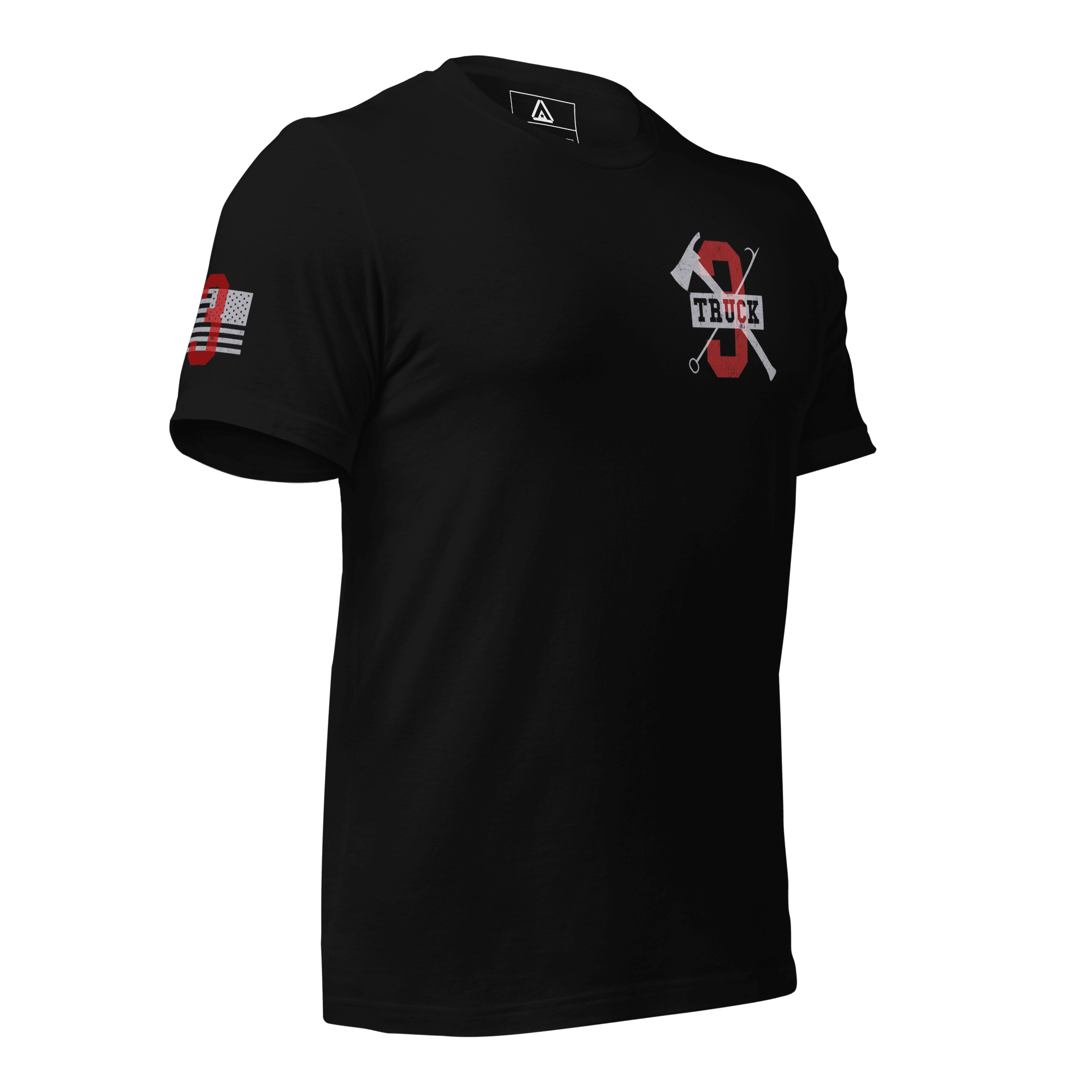 Black T-shirt angled left emphasizing detailed front chest graphics and fitted sleeve folds