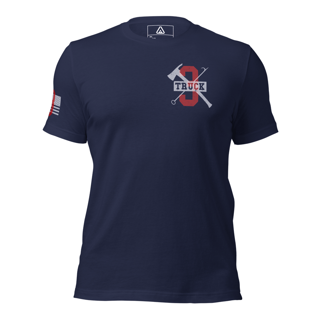 Navy 3 Truck T-shirt front showing red and white chest graphics with firefighter emblem and text details