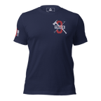 Navy 3 Truck T-shirt front showing red and white chest graphics with firefighter emblem and text details