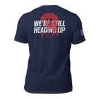 Navy 3 Truck T-shirt back featuring large “We’re Still Heading Up” firefighter emblem and memorial text