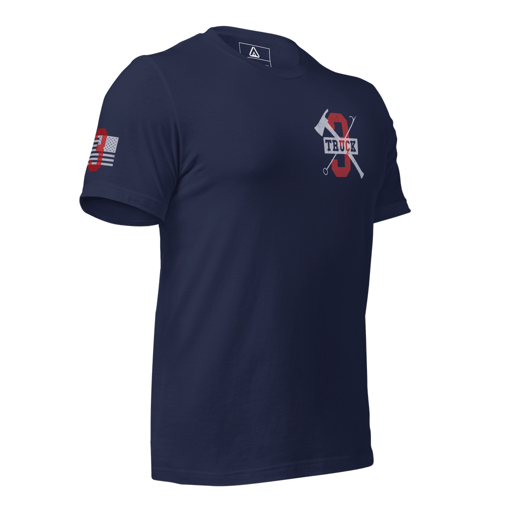 Navy T-shirt angled left highlighting front chest graphics and fitted sleeve view