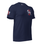 Navy T-shirt angled left highlighting front chest graphics and fitted sleeve view