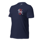 Navy T-shirt angled right showing detailed front emblem, layered text, and graphic elements