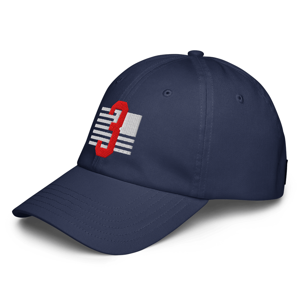 Navy blue baseball cap with a red number 3 overlapping white horizontal stripes, resembling a distressed American flag.