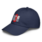 Navy blue baseball cap with a red number 3 overlapping white horizontal stripes, resembling a distressed American flag.