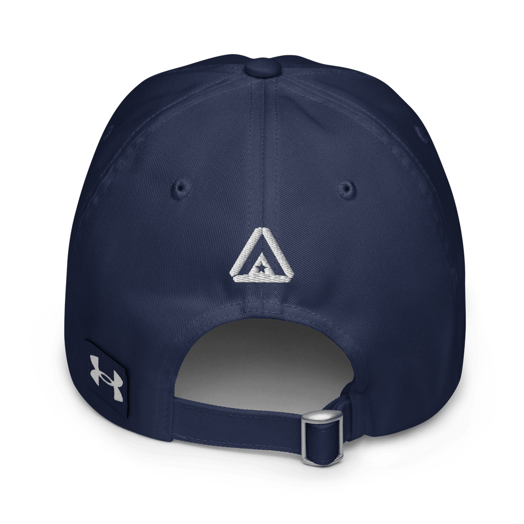 Back view of a navy blue Under Armour baseball cap with a white DIA logo and a silver buckle.