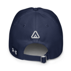Back view of a navy blue Under Armour baseball cap with a white DIA logo and a silver buckle.