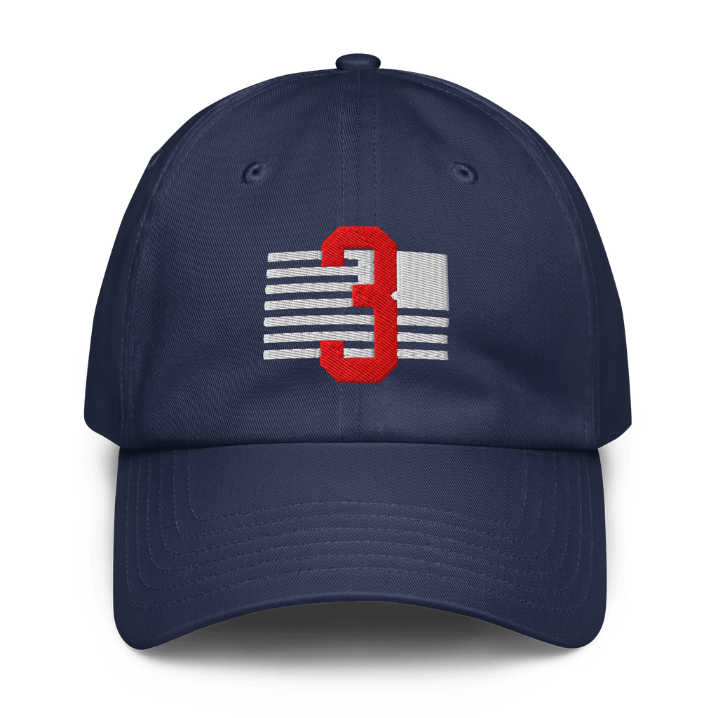 Navy blue baseball cap shown from the front featuring a red number 3 over white stripes like a distressed flag.