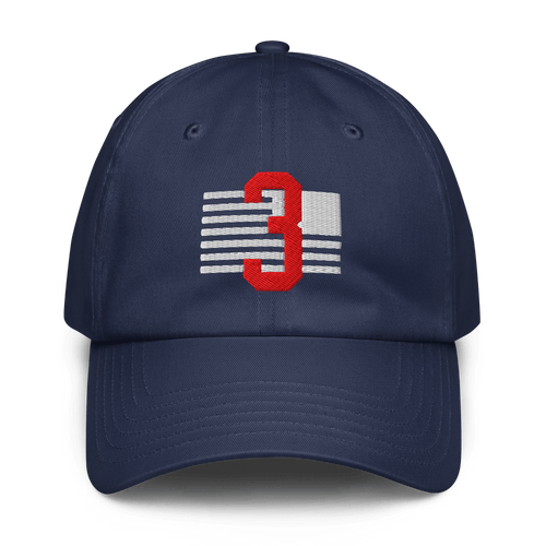Navy blue baseball cap shown from the front featuring a red number 3 over white stripes like a distressed flag.