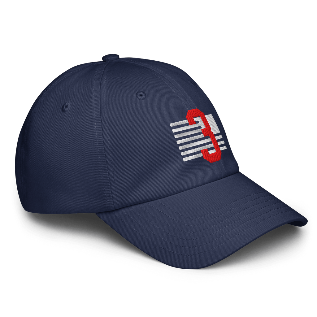 Navy blue baseball cap at an angle, displaying a red number 3 over white horizontal stripes, resembling a distressed US flag.