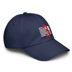 Navy blue baseball cap at an angle, displaying a red number 3 over white horizontal stripes, resembling a distressed US flag.