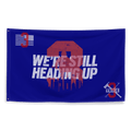 Blue flag featuring a red distressed number 3 with a city skyline and crossed firefighting tools on the corners.