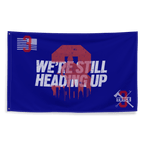 Blue flag featuring a red distressed number 3 with a city skyline and crossed firefighting tools on the corners.