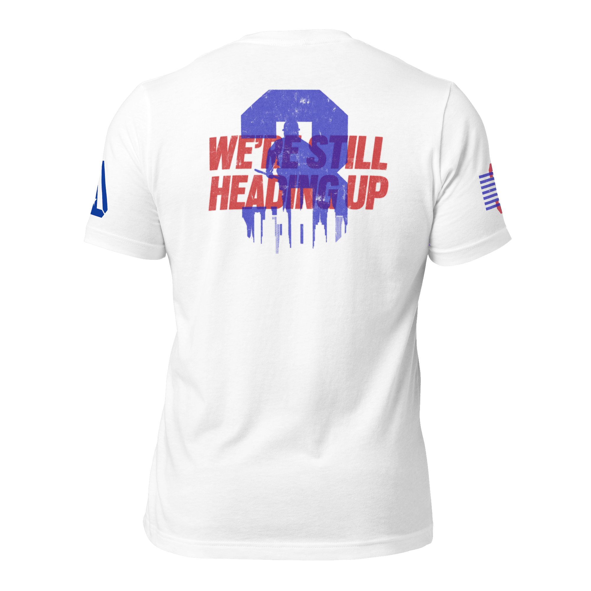 White T-Shirt back view featuring red "WE'RE STILL HEADING UP" text over a blue city skyline and a large blue "3".