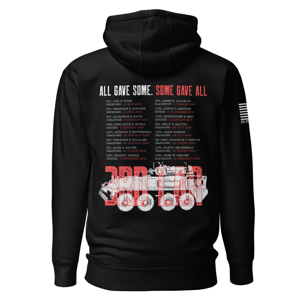 Black hoodie featuring a back graphic with the text "All Gave Some, Some Gave All" and a red 3rd LAR vehicle design.