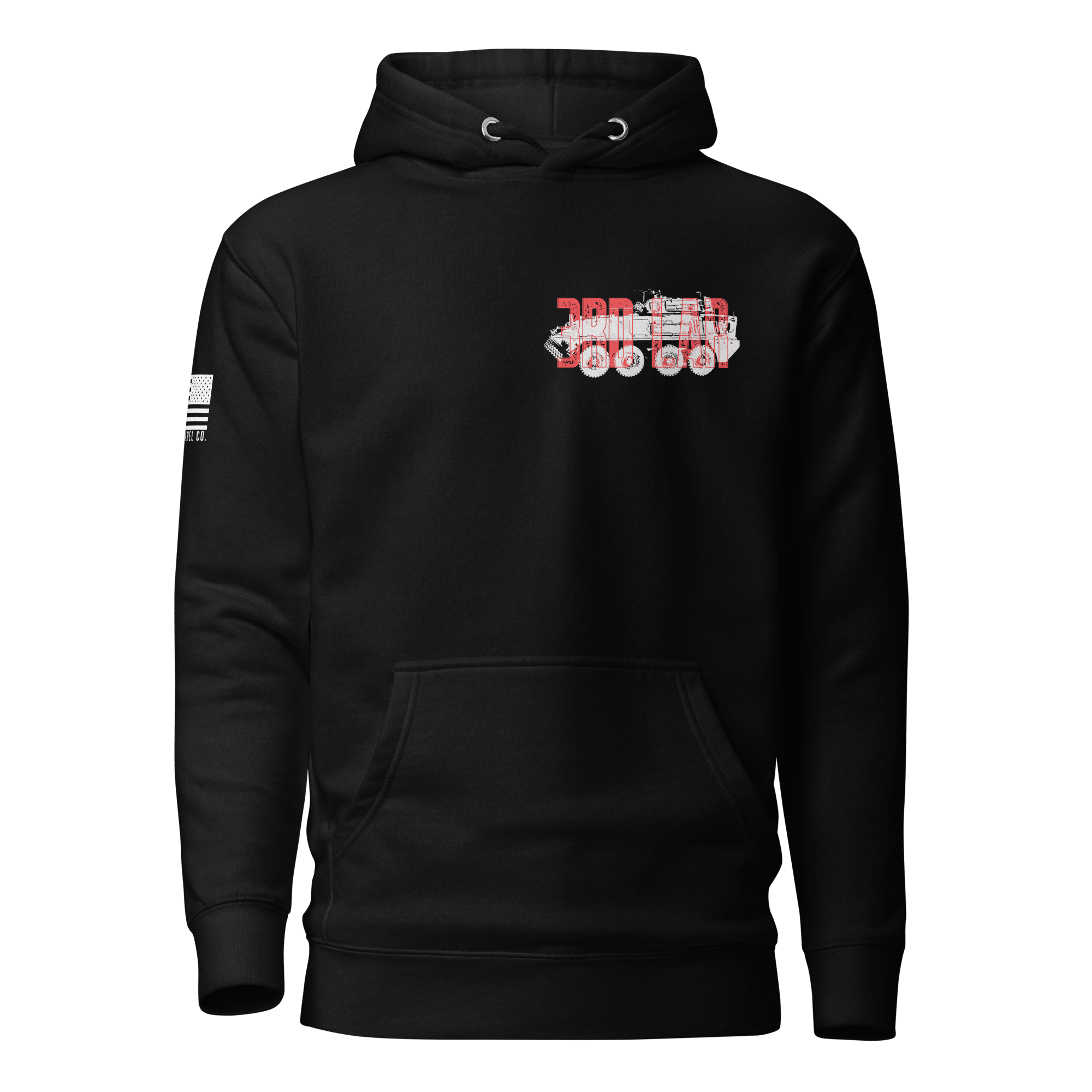Black hoodie featuring a red and white 3rd LAR vehicle graphic and an American flag on the sleeve.