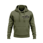 Olive green hoodie featuring black 3rd LAR military vehicle chest emblem with right sleeve American flag patch.