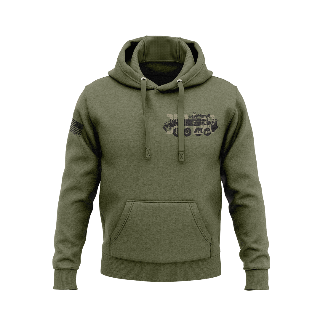 Olive green hoodie featuring black 3rd LAR military vehicle chest emblem with right sleeve American flag patch.