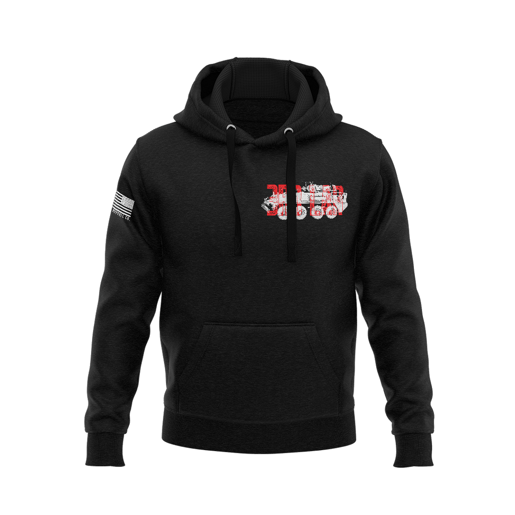 Black hoodie featuring red and white 3rd LAR military vehicle chest emblem with right sleeve American flag patch.