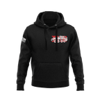 Black hoodie featuring red and white 3rd LAR military vehicle chest emblem with right sleeve American flag patch.