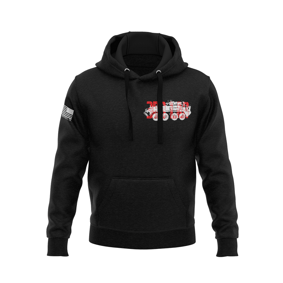 Black hoodie featuring red and white 3rd LAR military vehicle chest emblem with right sleeve American flag patch.