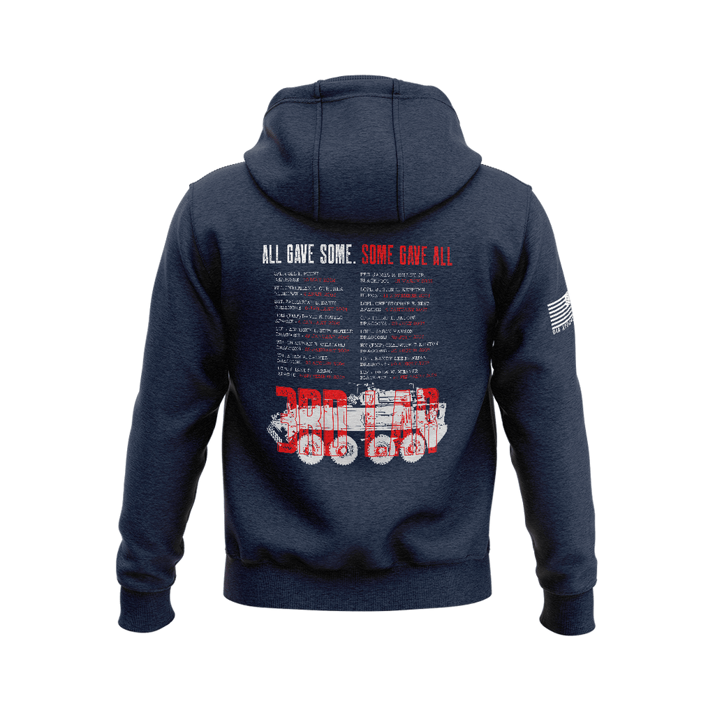 Navy blue hoodie displaying back 3rd LAR memorial graphic with red and white text, fallen list, and military vehicle outline.