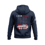 Navy blue hoodie displaying back 3rd LAR memorial graphic with red and white text, fallen list, and military vehicle outline.