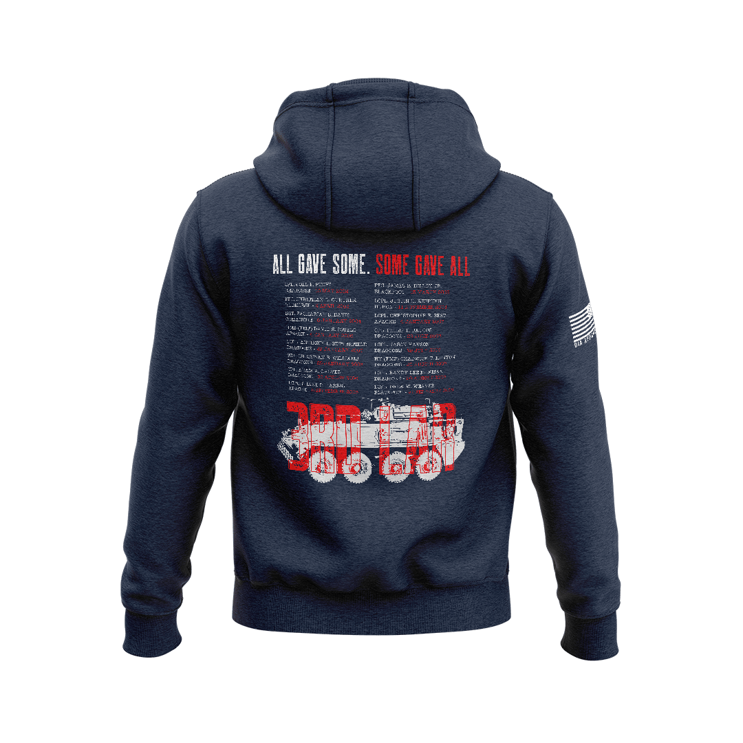 Navy blue hoodie displaying back 3rd LAR memorial graphic with red and white text, fallen list, and military vehicle outline.