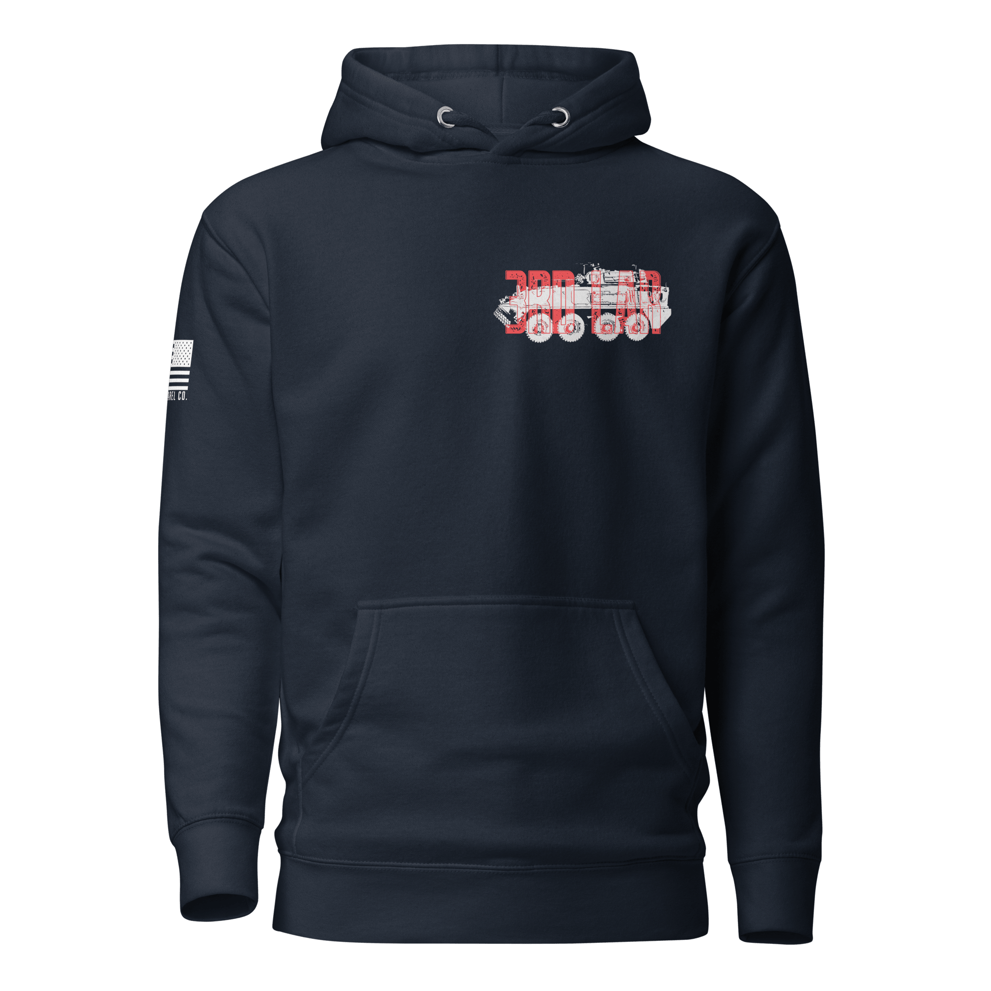 Navy hoodie featuring a red and white 3rd LAR vehicle graphic and an American flag on the sleeve.