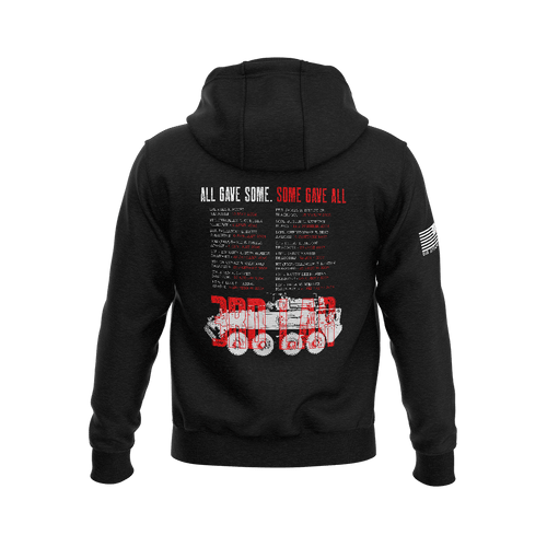 Black hoodie showing back 3rd LAR memorial graphic with red and white text, fallen heroes list, and military vehicle emblem.