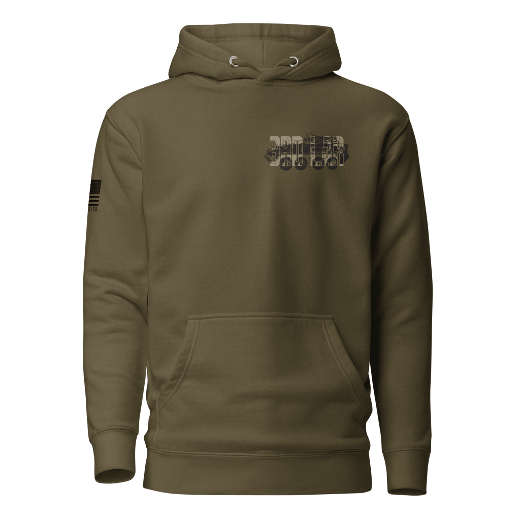Military green hoodie featuring a tan 3rd LAR vehicle graphic and an American flag on the sleeve.