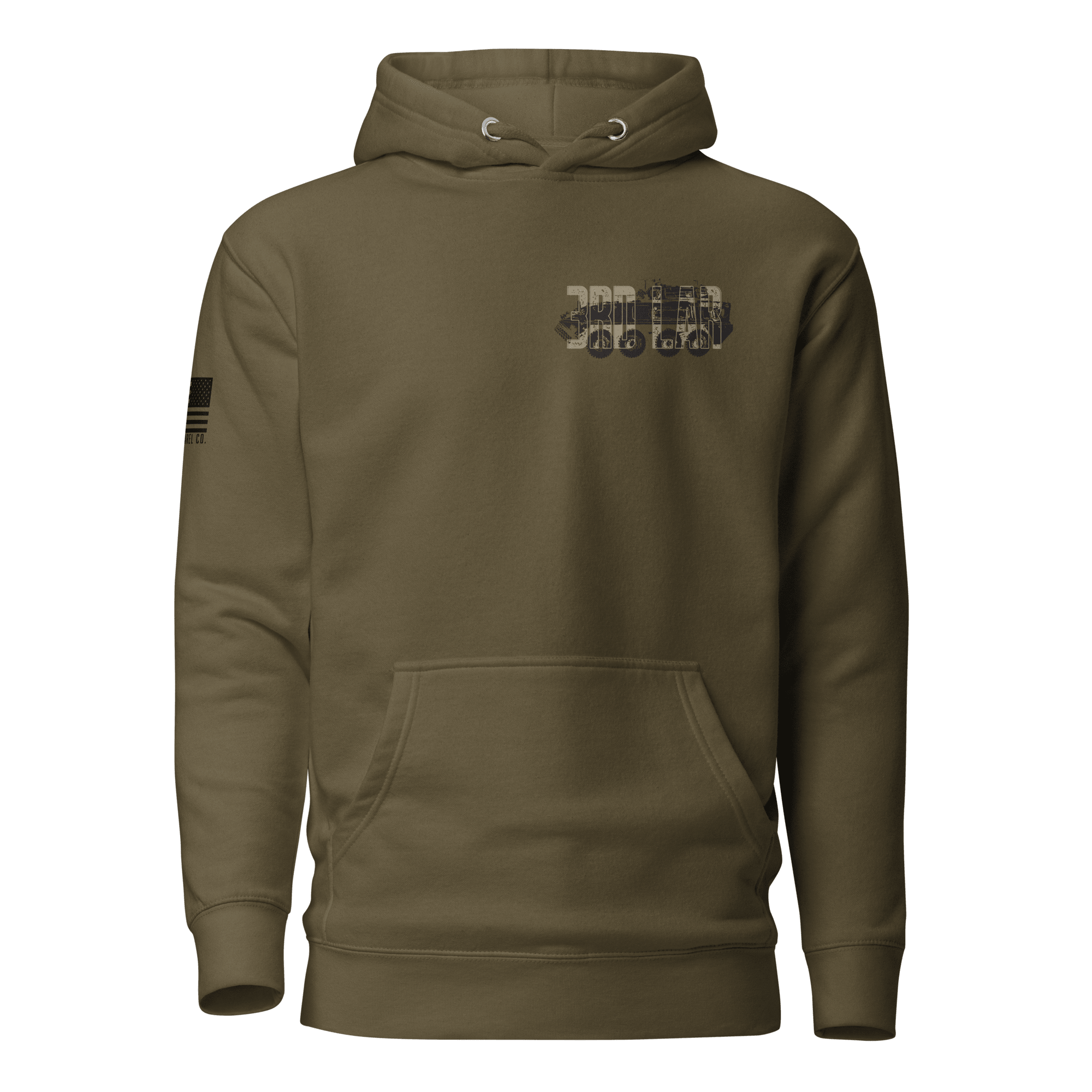 Military green hoodie featuring a tan 3rd LAR vehicle graphic and an American flag on the sleeve.