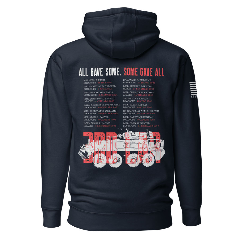 Navy hoodie featuring a back graphic with the text "All Gave Some, Some Gave All" and a red 3rd LAR vehicle design.