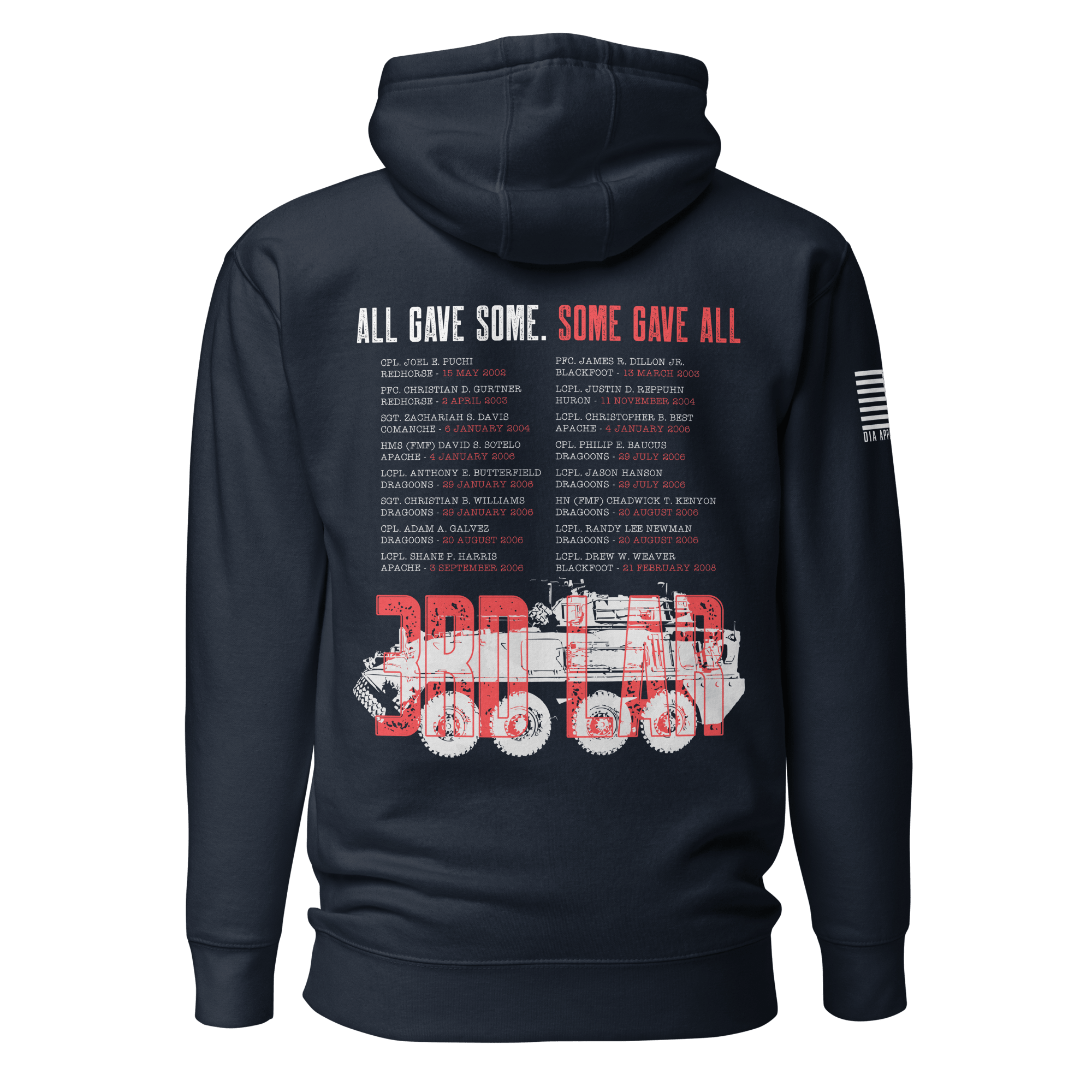 Navy hoodie featuring a back graphic with the text "All Gave Some, Some Gave All" and a red 3rd LAR vehicle design.