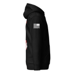 Black hoodie shown from a side view, featuring an American flag and "DIA APPAREL CO." on the sleeve.