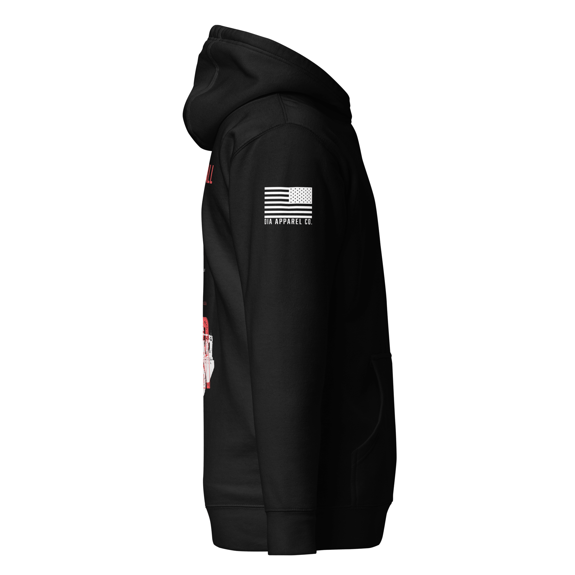 Black hoodie shown from a side view, featuring an American flag and "DIA APPAREL CO." on the sleeve.