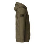 Military green hoodie shown from a side view, featuring an American flag and "DIA APPAREL CO." on the sleeve.