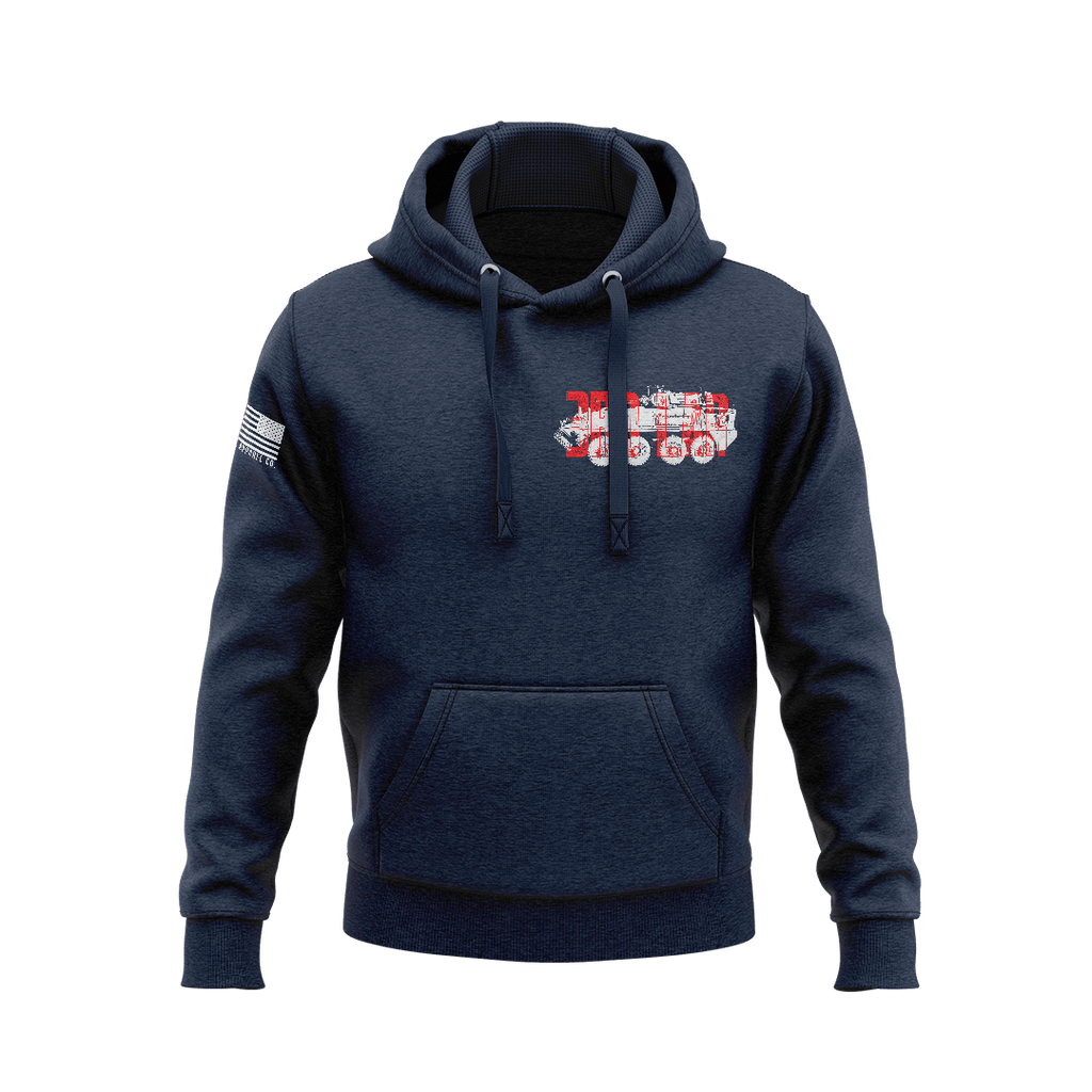 Navy blue hoodie featuring red and white 3rd LAR military vehicle chest emblem with right sleeve American flag patch.