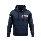 Navy blue hoodie featuring red and white 3rd LAR military vehicle chest emblem with right sleeve American flag patch.