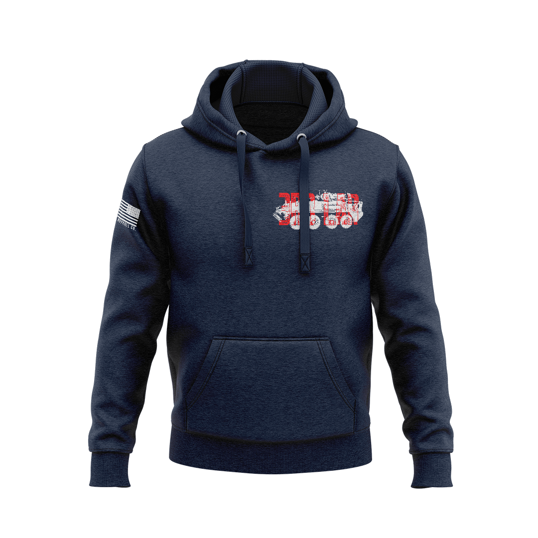 Navy blue hoodie featuring red and white 3rd LAR military vehicle chest emblem with right sleeve American flag patch.