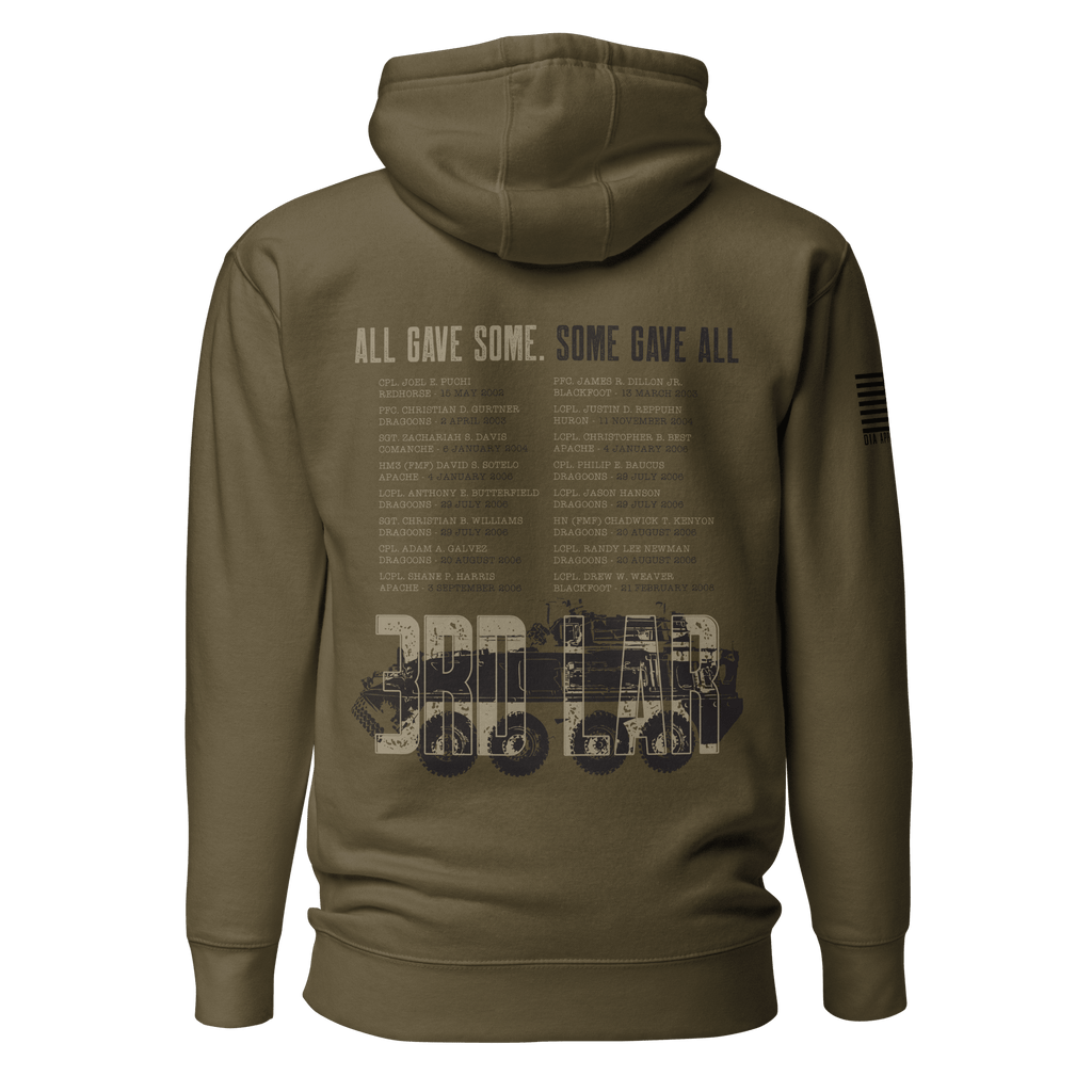 Military green hoodie featuring a white "All Gave Some, Some Gave All" graphic and an American flag on the sleeve.