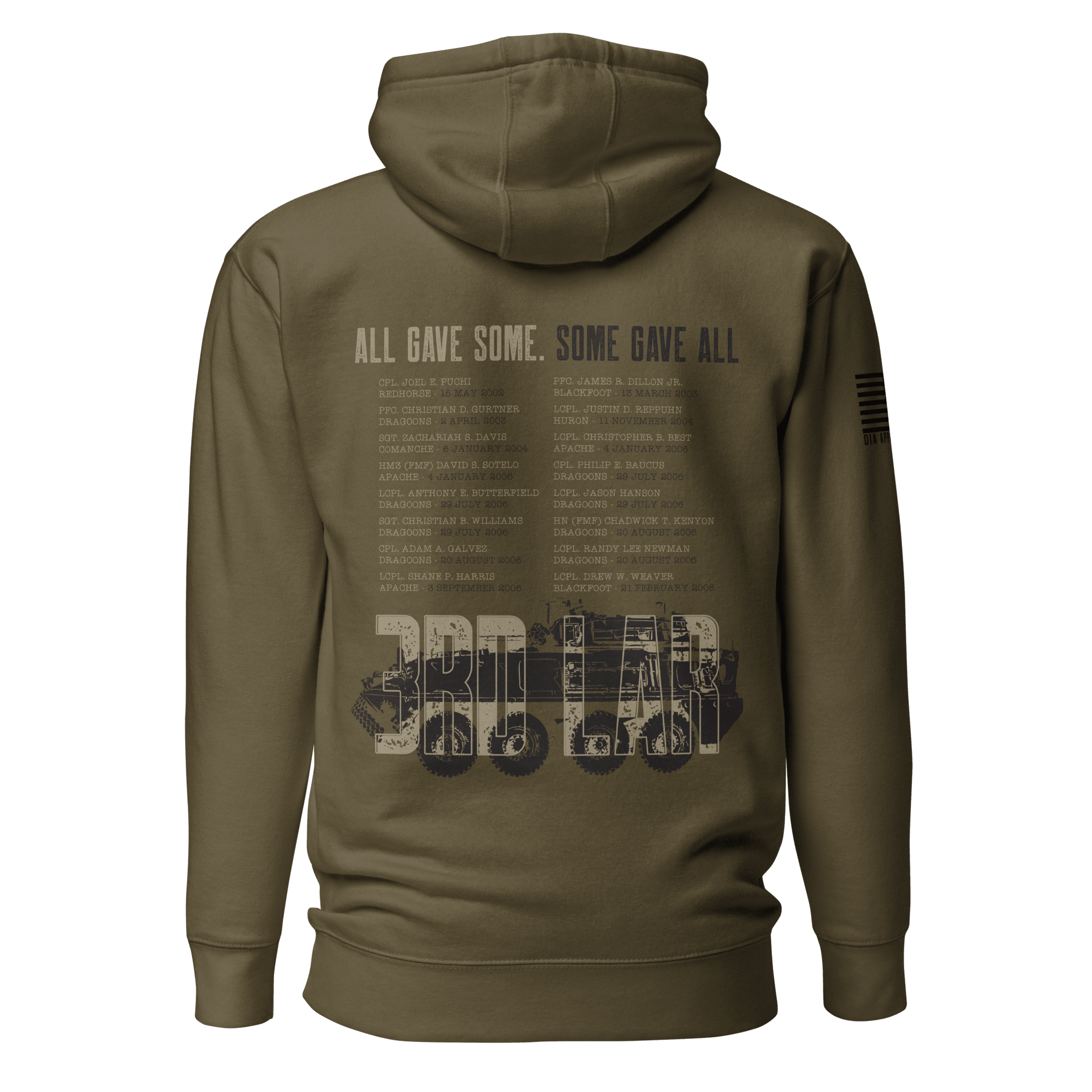 Military green hoodie featuring a white "All Gave Some, Some Gave All" graphic and an American flag on the sleeve.