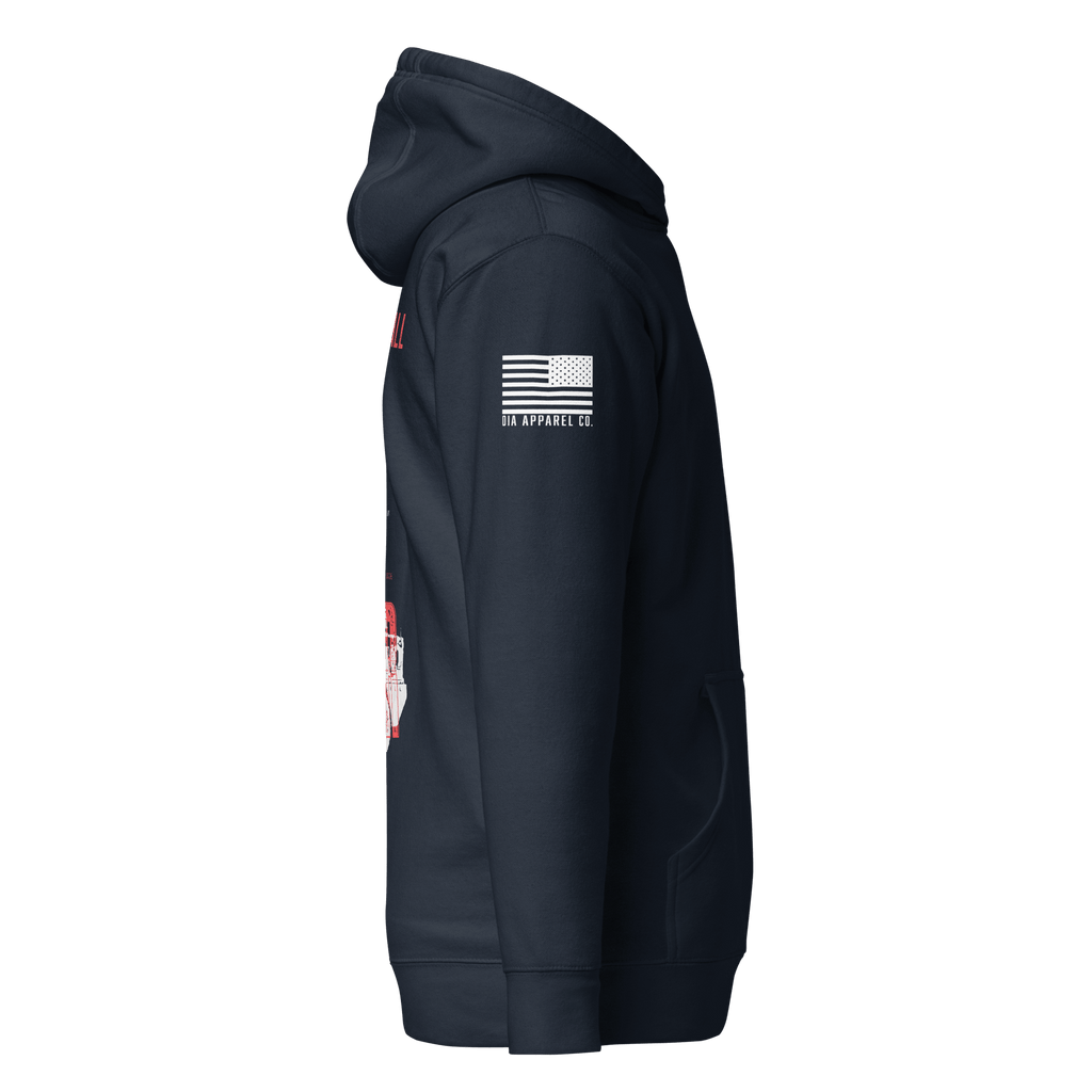Navy hoodie shown from a side view, featuring an American flag and "DIA APPAREL CO." on the sleeve.