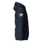 Navy hoodie shown from a side view, featuring an American flag and "DIA APPAREL CO." on the sleeve.